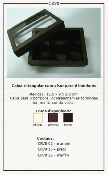 Caixa Retangular com visor e forminhas p/ 06 bombons
